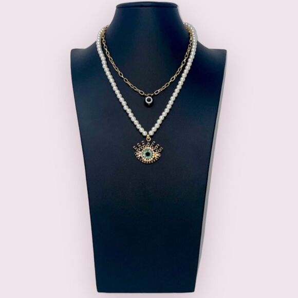 All Seeing Evil Eye Black Crystal Rhinestone Pearl Necklace - Picture 1 of 8